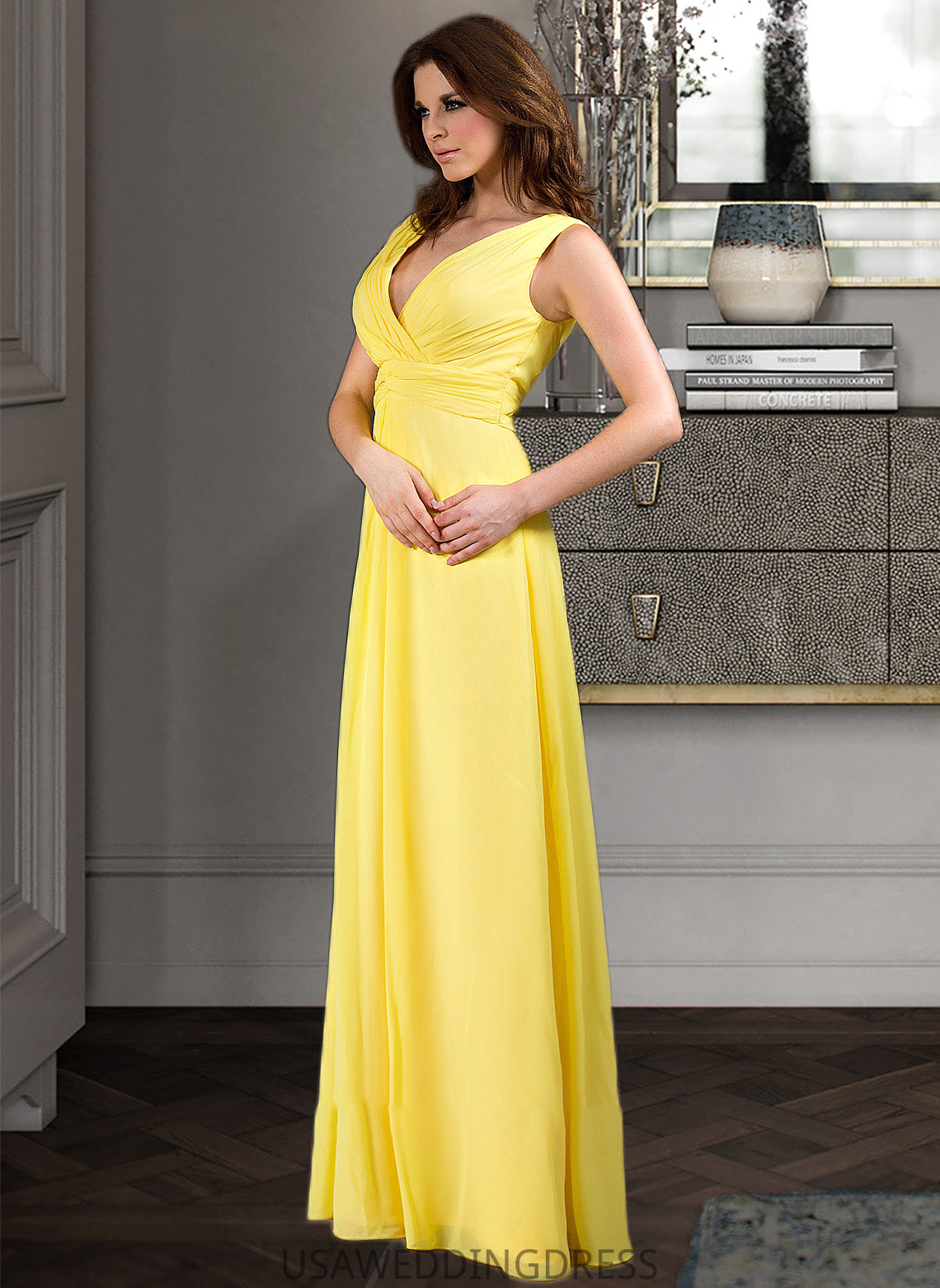 Frances A-Line V-neck Wrapped Bodice Floor-length Chiffon Bridesmaid Dress DSP0013093