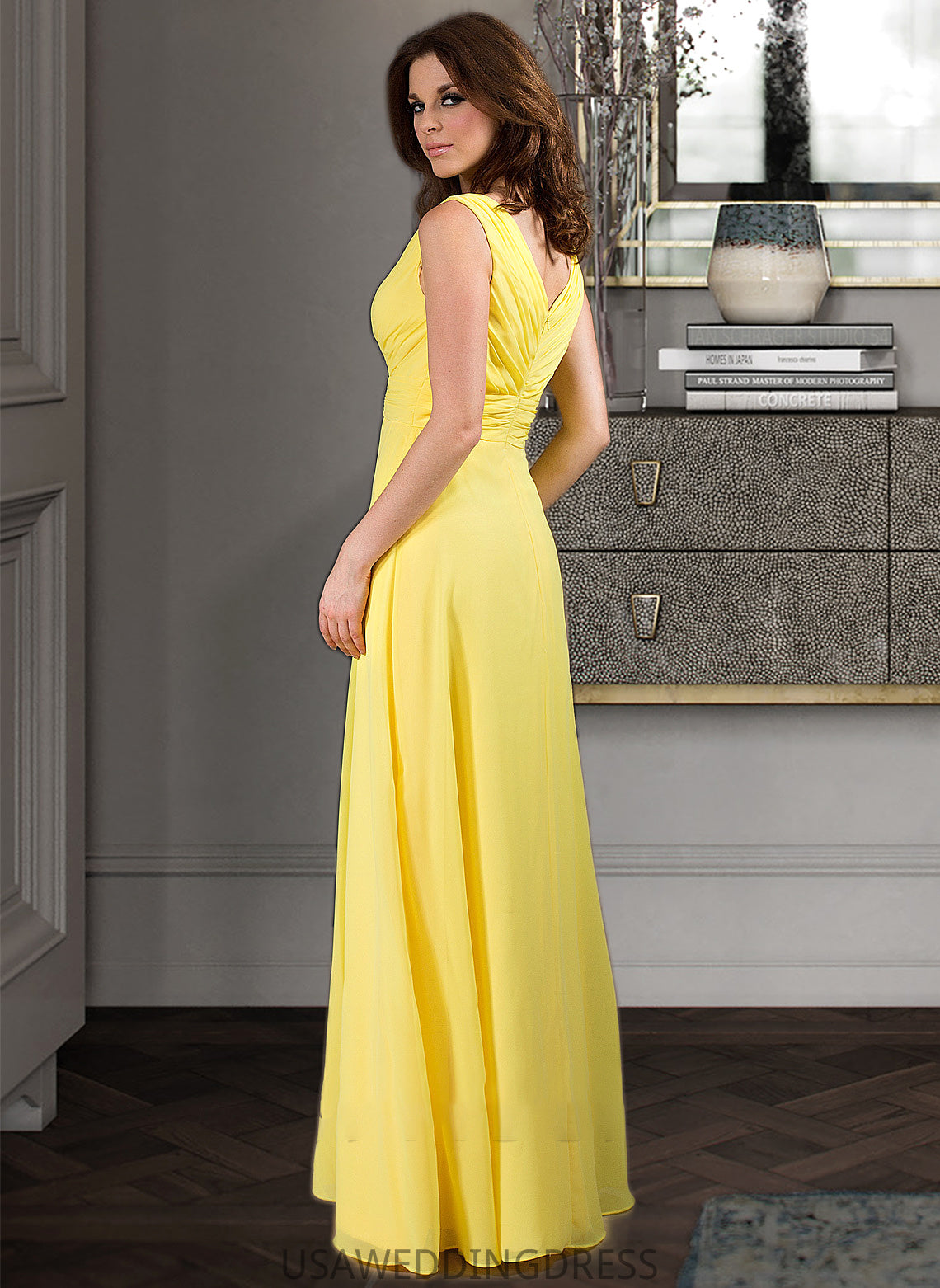 Frances A-Line V-neck Wrapped Bodice Floor-length Chiffon Bridesmaid Dress DSP0013093