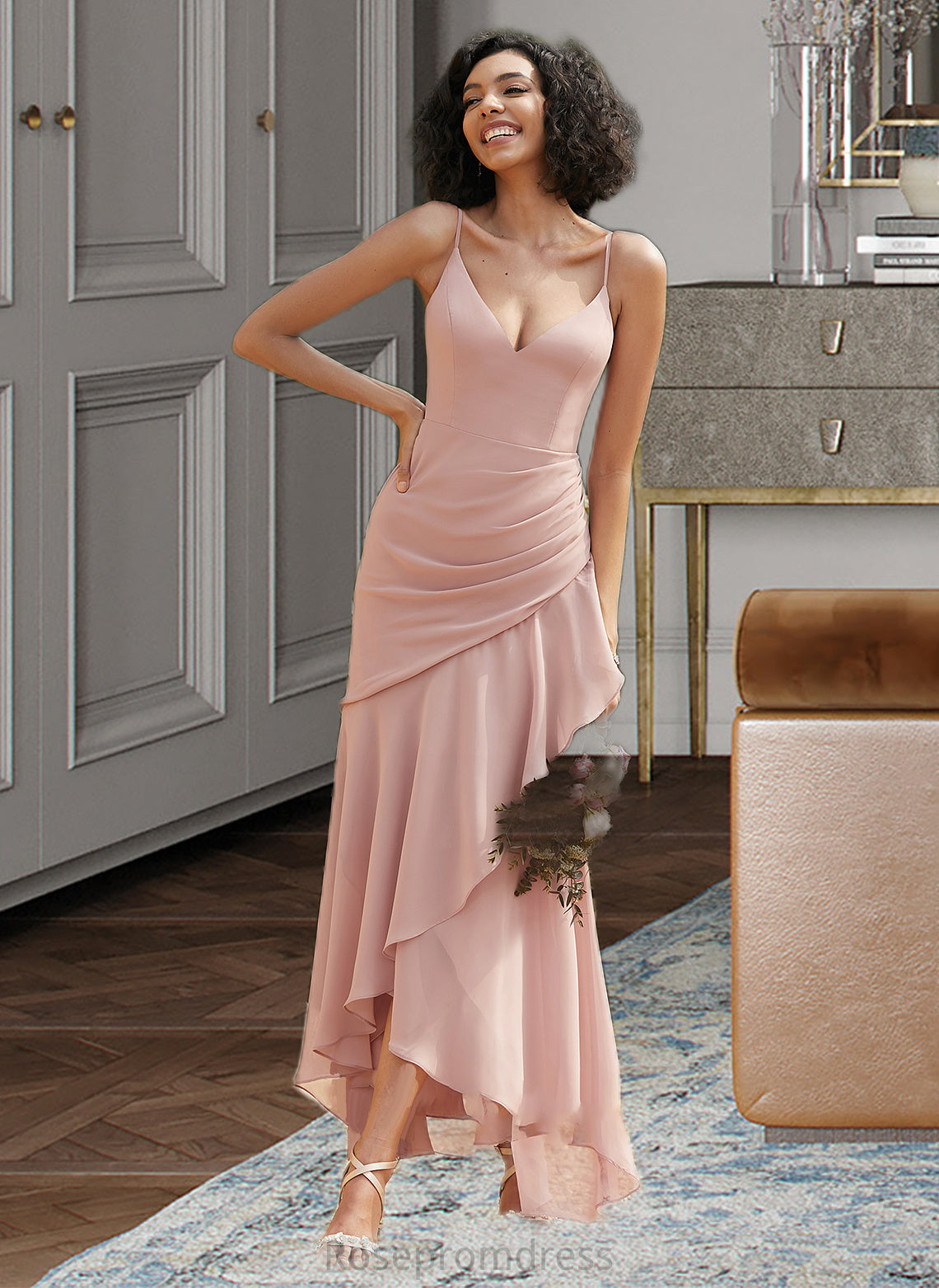 Cailyn Trumpet/Mermaid V-neck Asymmetrical Bridesmaid Dress With Ruffle SRSP0013094