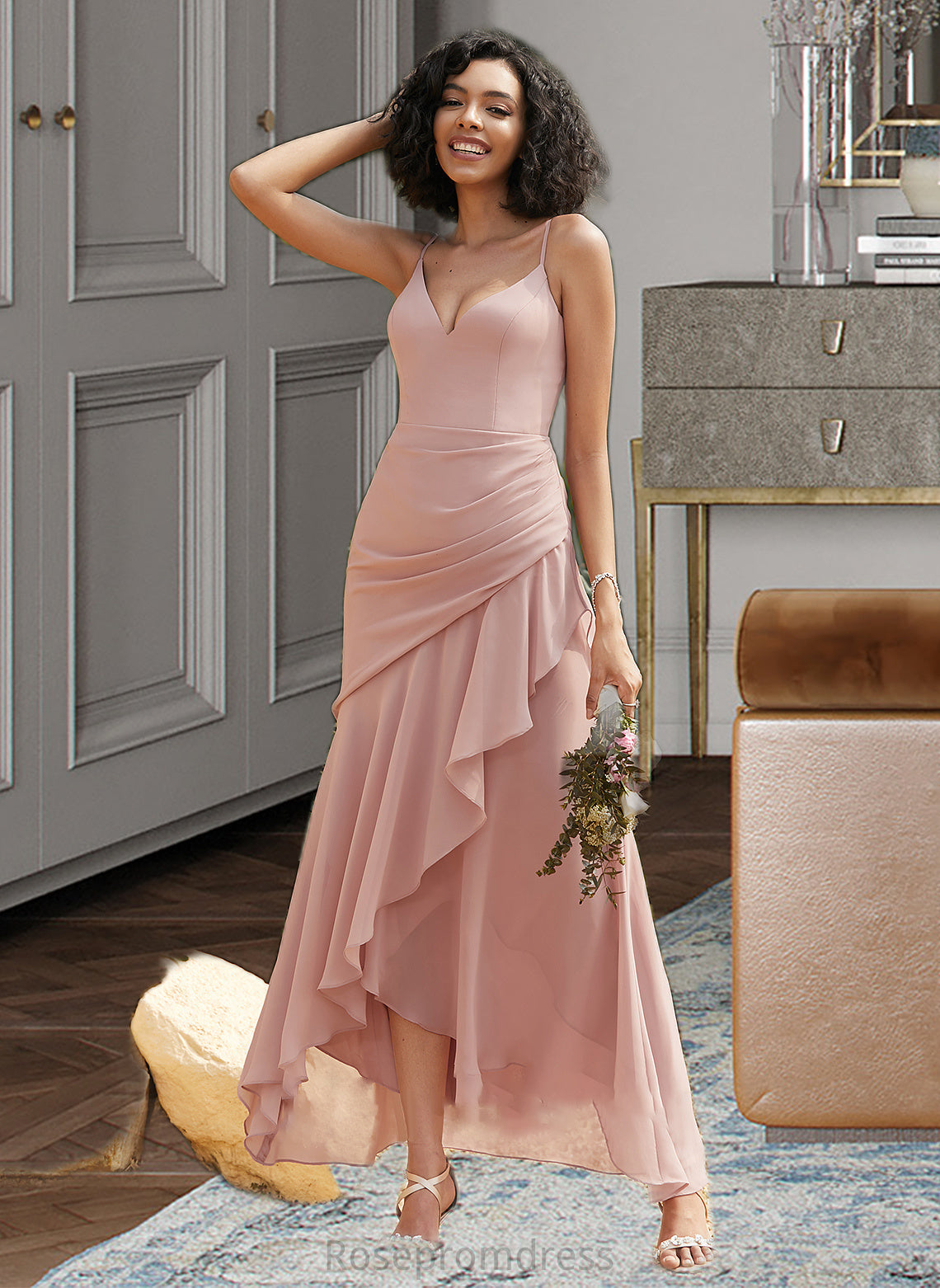 Cailyn Trumpet/Mermaid V-neck Asymmetrical Bridesmaid Dress With Ruffle SRSP0013094