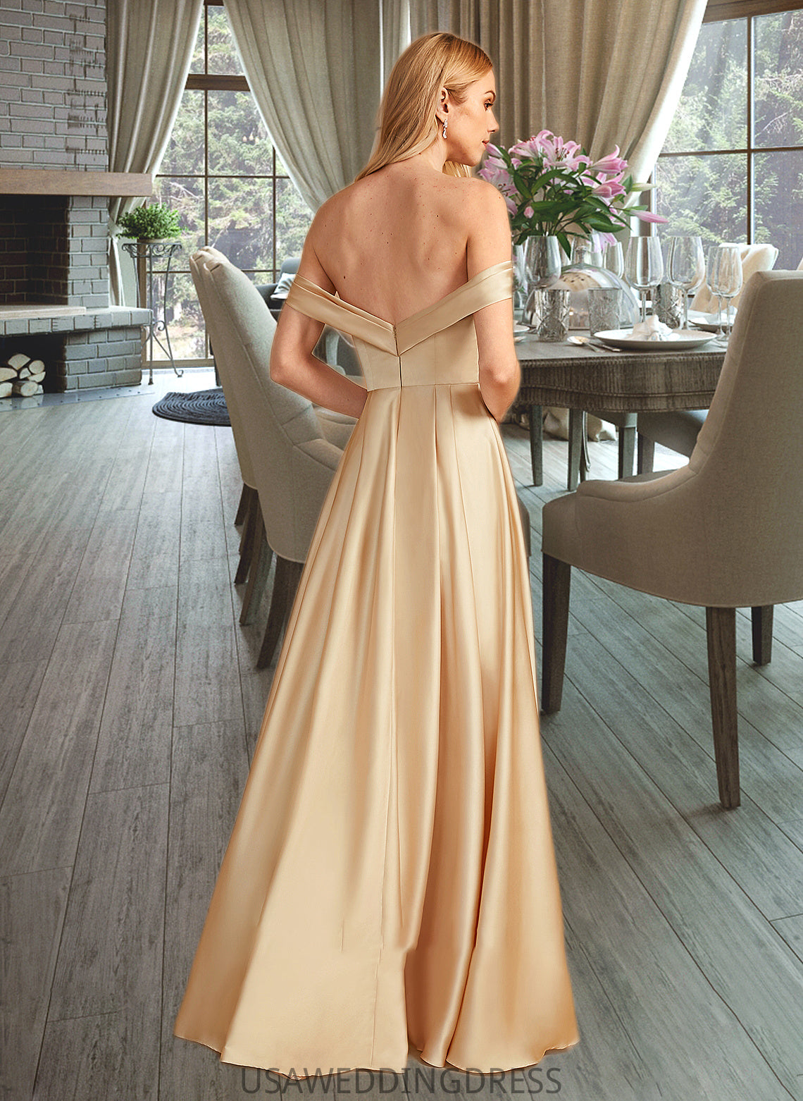 Karma A-Line Off-the-Shoulder Floor-Length Bridesmaid Dress With Split Front Pockets DSP0013095