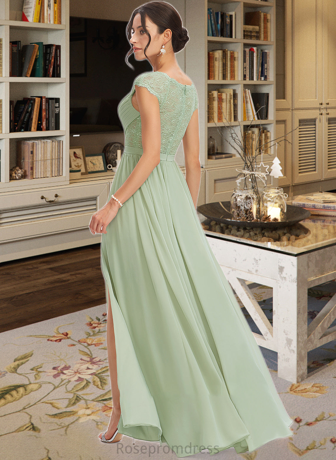 Leah A-Line V-neck Floor-Length Bridesmaid Dress With Lace Split Front SRSP0013096