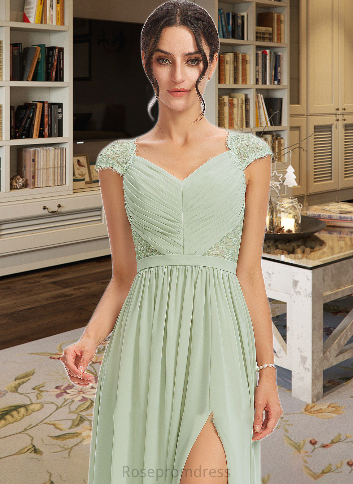 Leah A-Line V-neck Floor-Length Bridesmaid Dress With Lace Split Front SRSP0013096