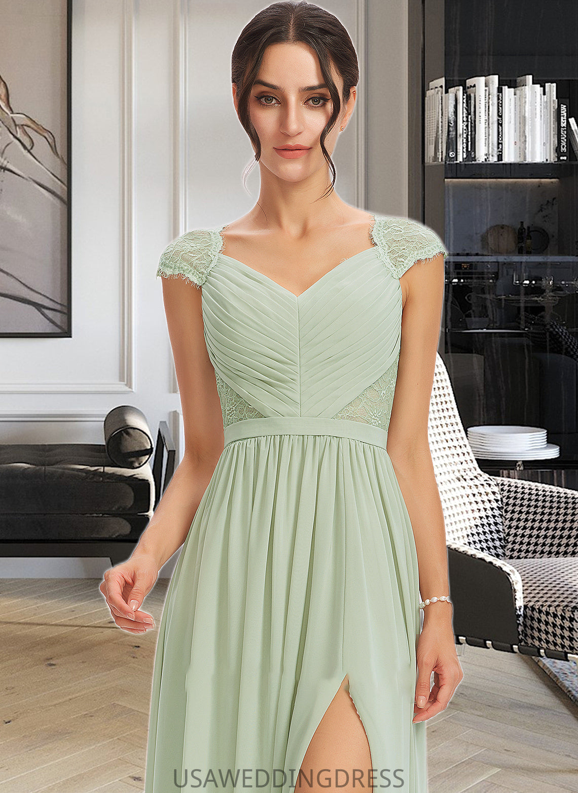 Nia A-Line V-neck Floor-Length Bridesmaid Dress With Lace Split Front DSP0013096