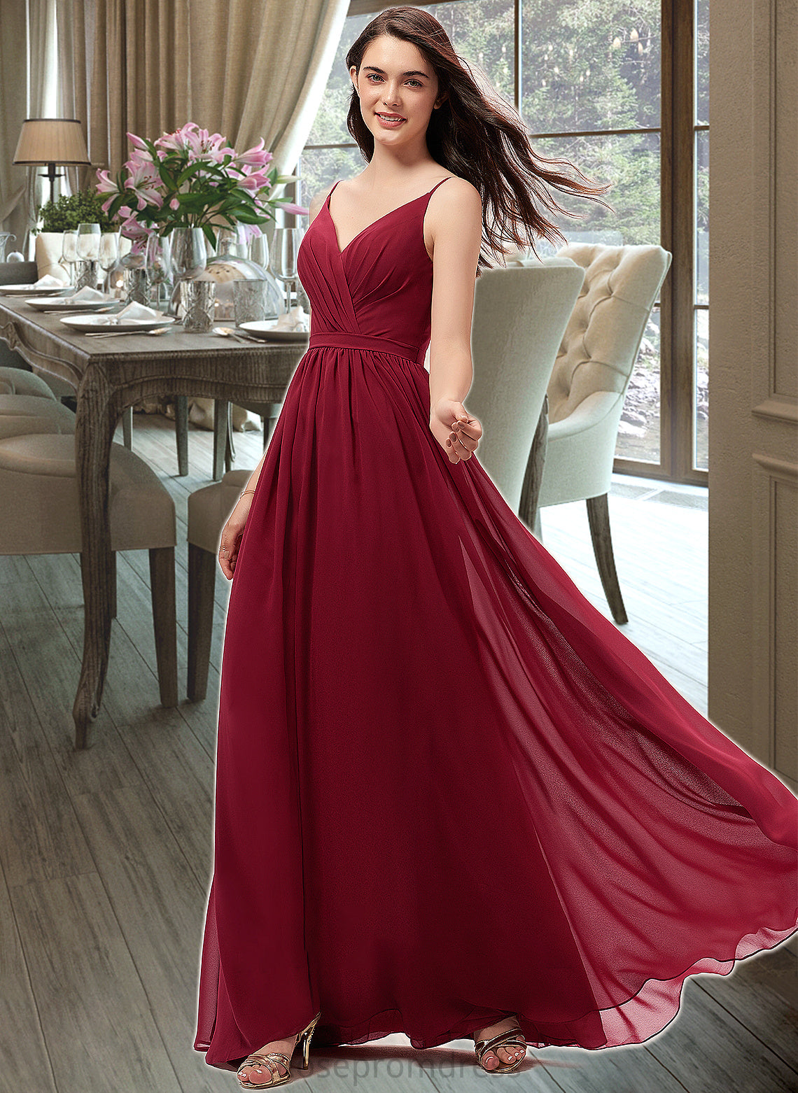 Kiersten A-Line V-neck Floor-Length Chiffon Bridesmaid Dress With Ruffle Lace SRSP0013098