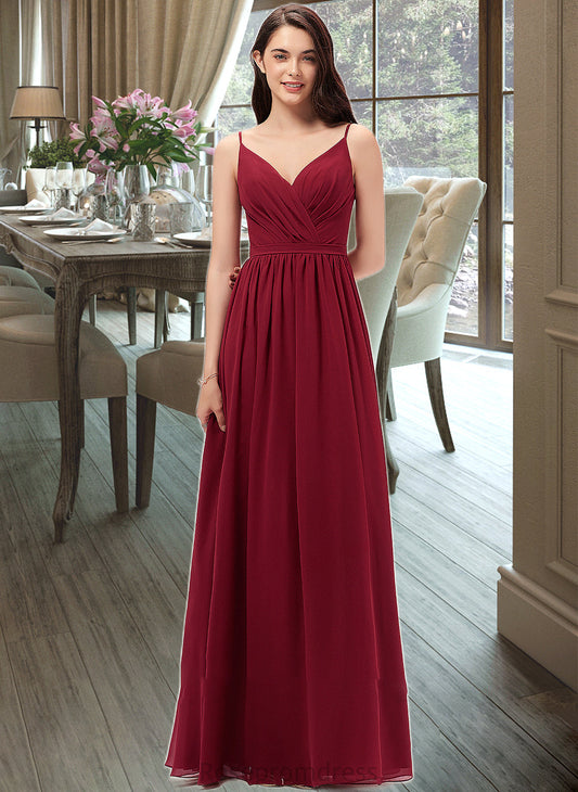 Kiersten A-Line V-neck Floor-Length Chiffon Bridesmaid Dress With Ruffle Lace SRSP0013098