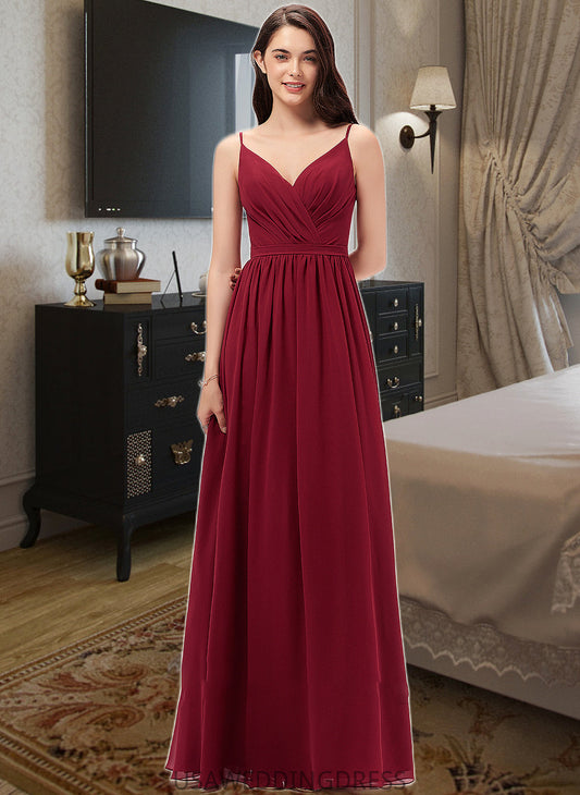 Hilda A-Line V-neck Floor-Length Chiffon Bridesmaid Dress With Ruffle Lace DSP0013098
