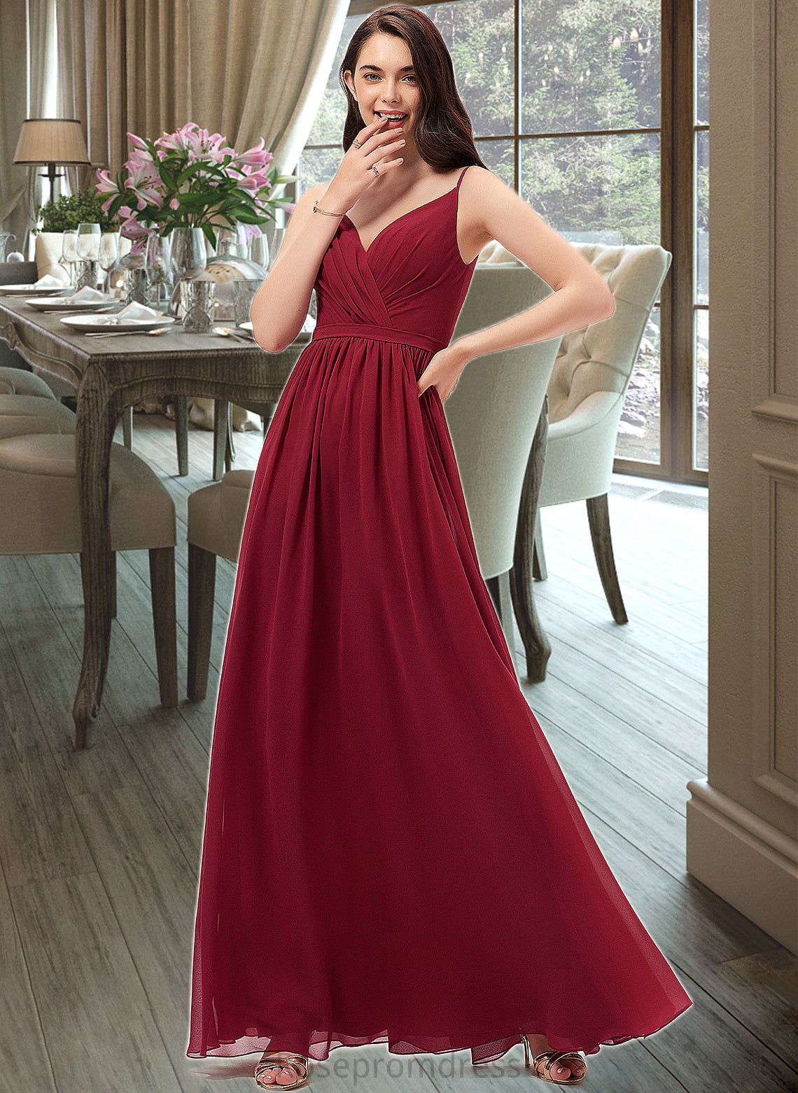 Kiersten A-Line V-neck Floor-Length Chiffon Bridesmaid Dress With Ruffle Lace SRSP0013098