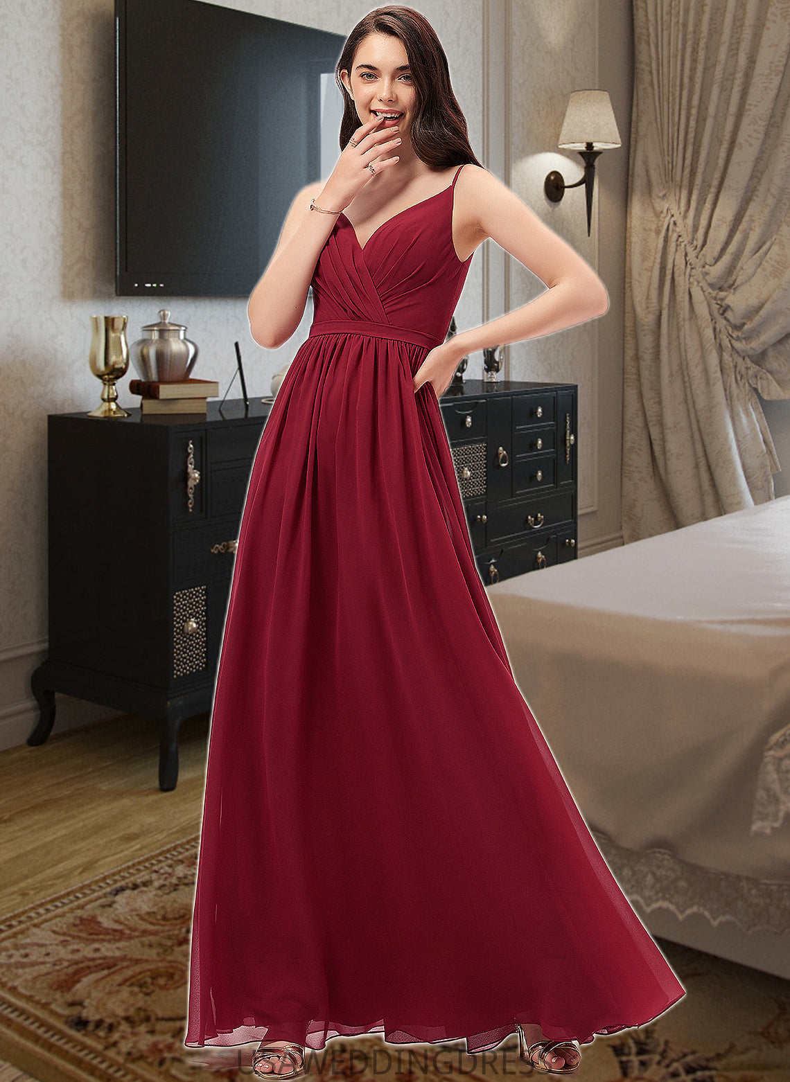 Hilda A-Line V-neck Floor-Length Chiffon Bridesmaid Dress With Ruffle Lace DSP0013098