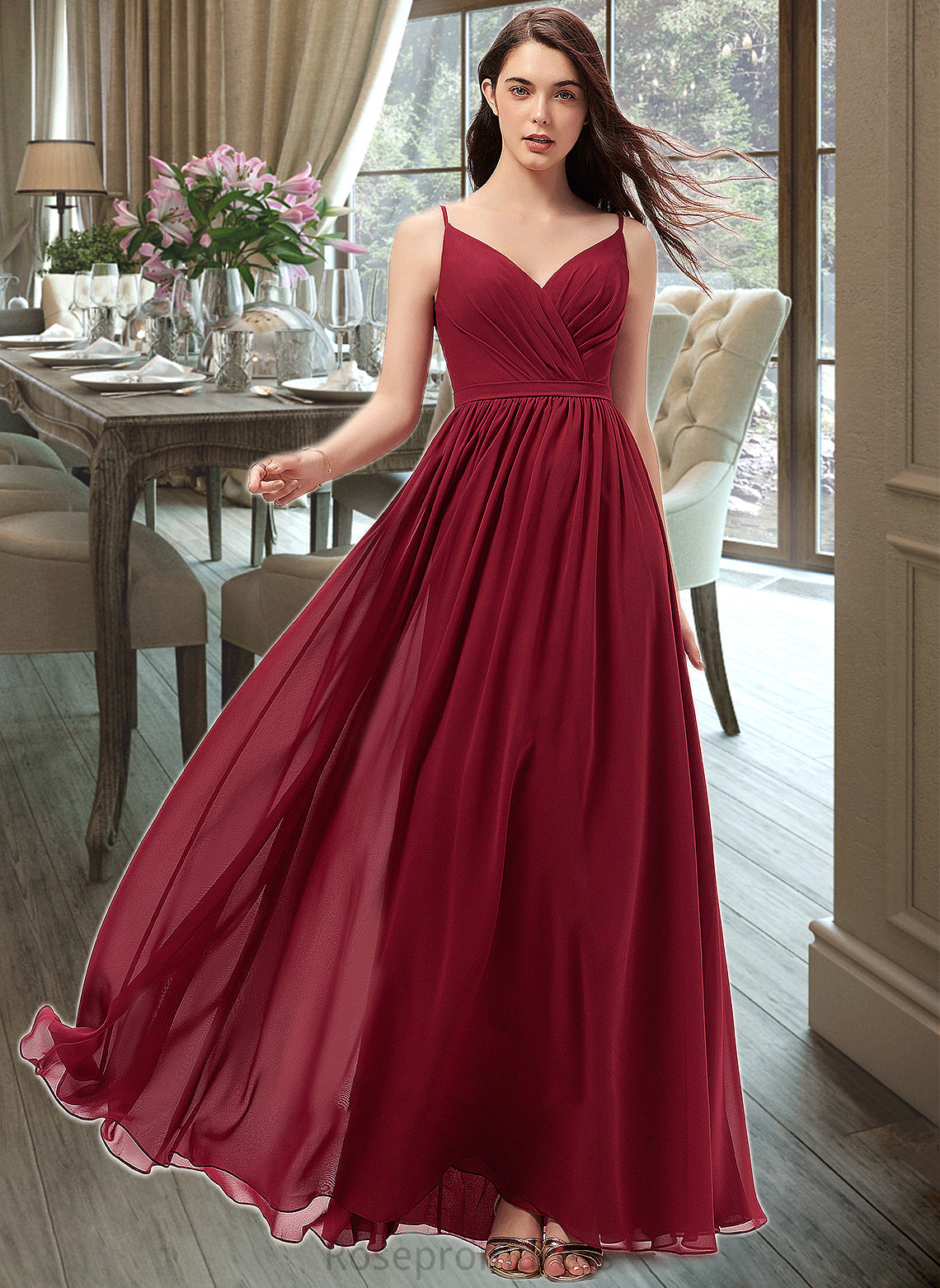 Kiersten A-Line V-neck Floor-Length Chiffon Bridesmaid Dress With Ruffle Lace SRSP0013098