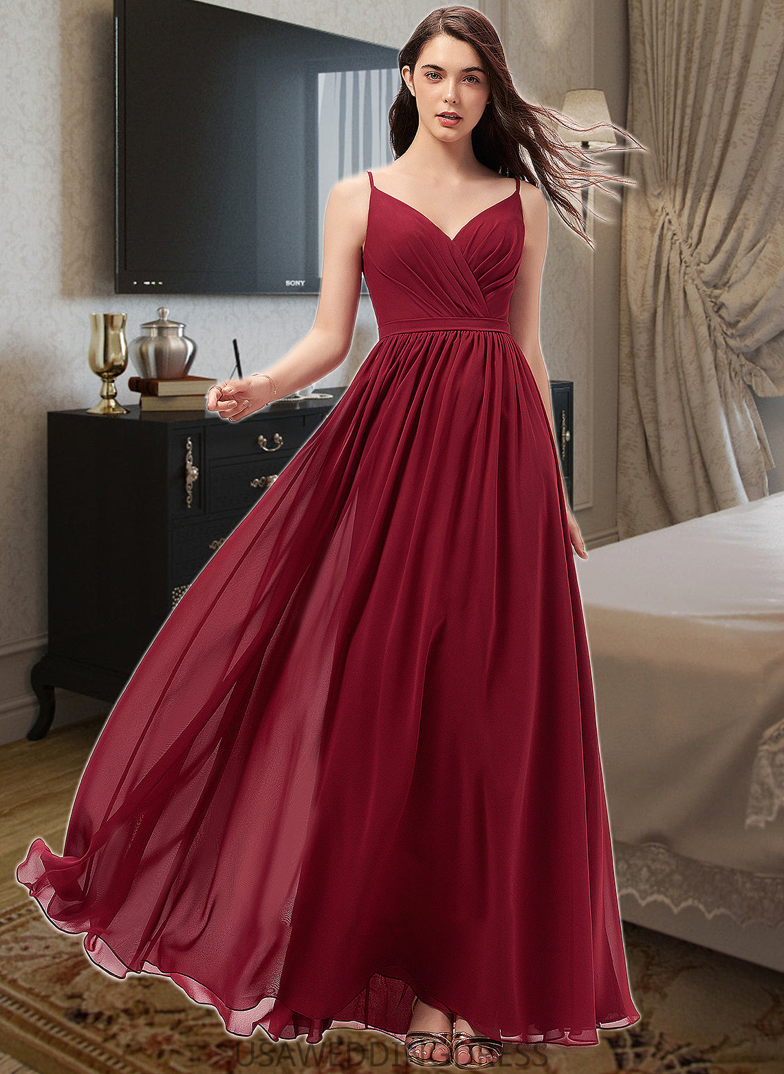 Hilda A-Line V-neck Floor-Length Chiffon Bridesmaid Dress With Ruffle Lace DSP0013098