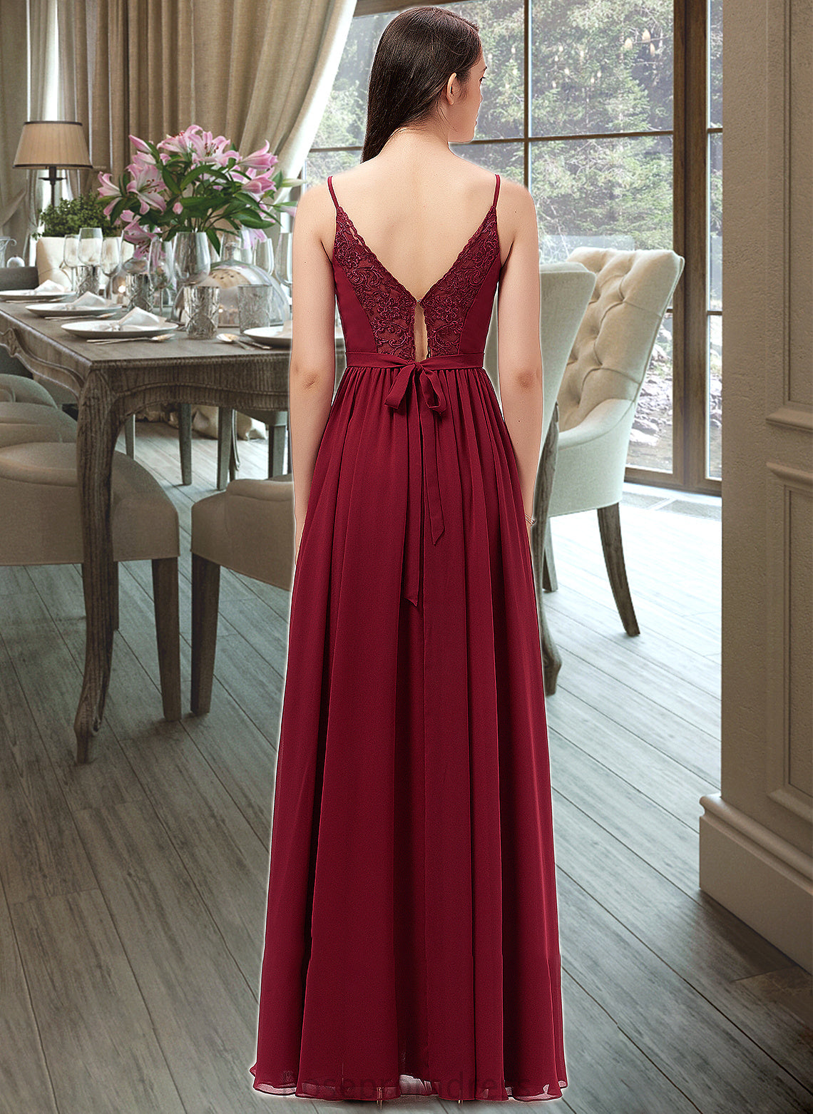 Kiersten A-Line V-neck Floor-Length Chiffon Bridesmaid Dress With Ruffle Lace SRSP0013098