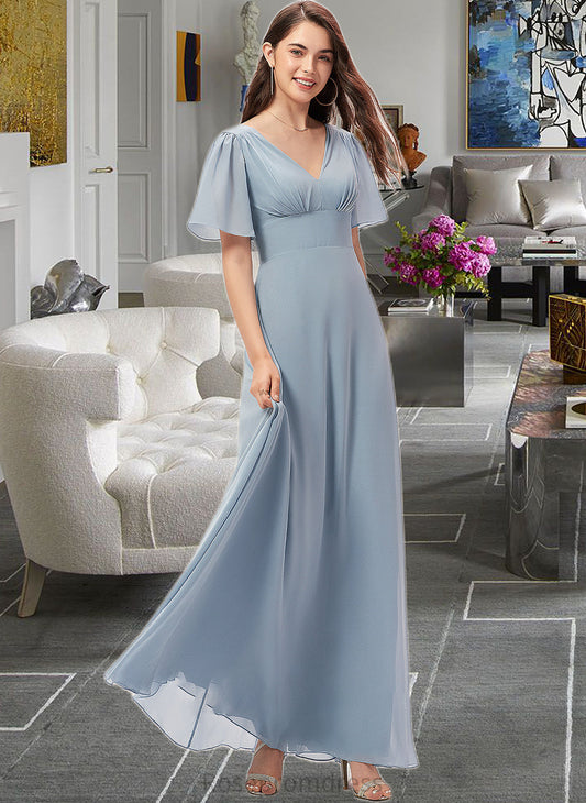 Lynn A-Line V-neck Floor-Length Chiffon Bridesmaid Dress SRSP0013099