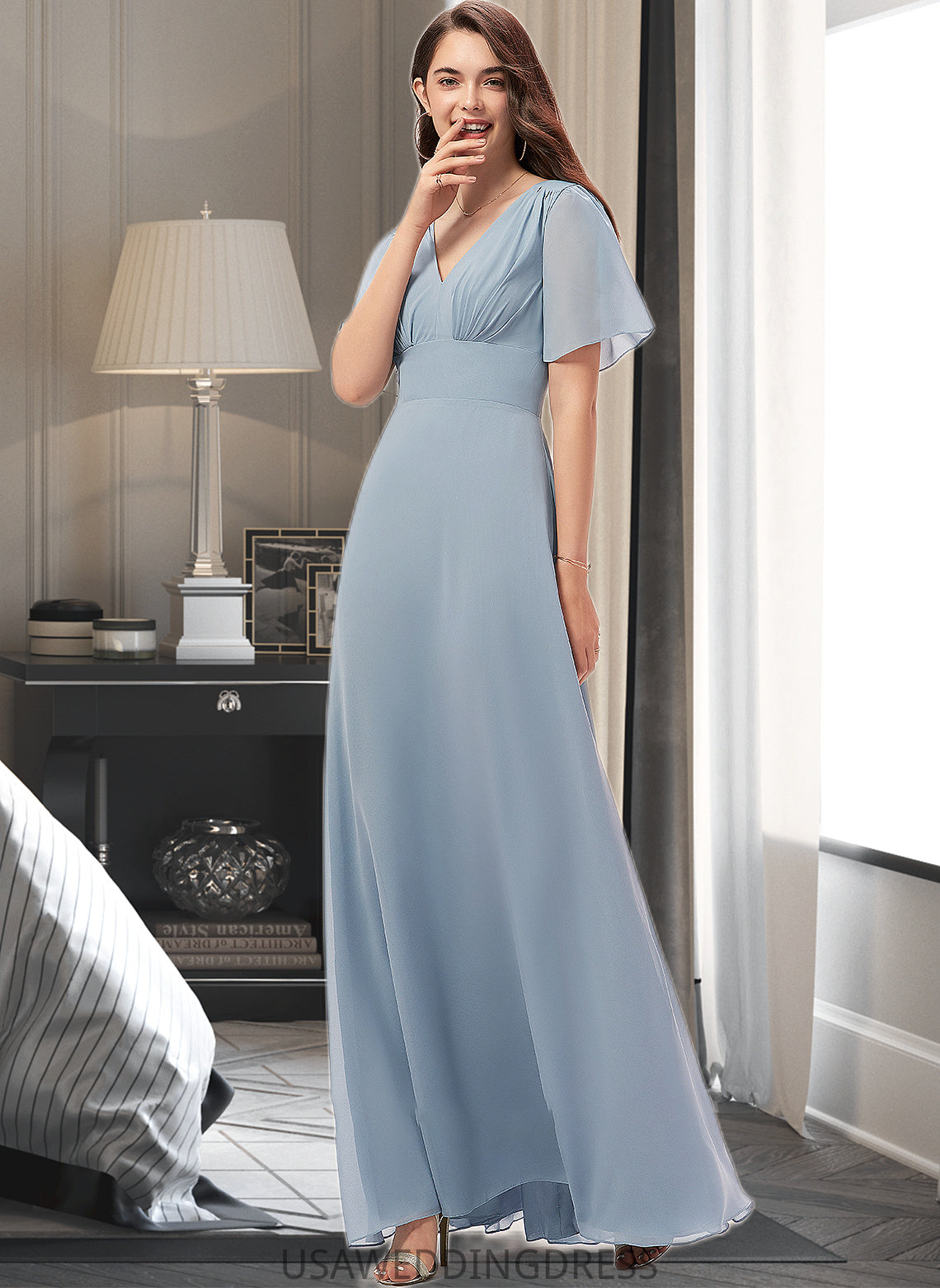 Tessa A-Line V-neck Floor-Length Chiffon Bridesmaid Dress DSP0013099