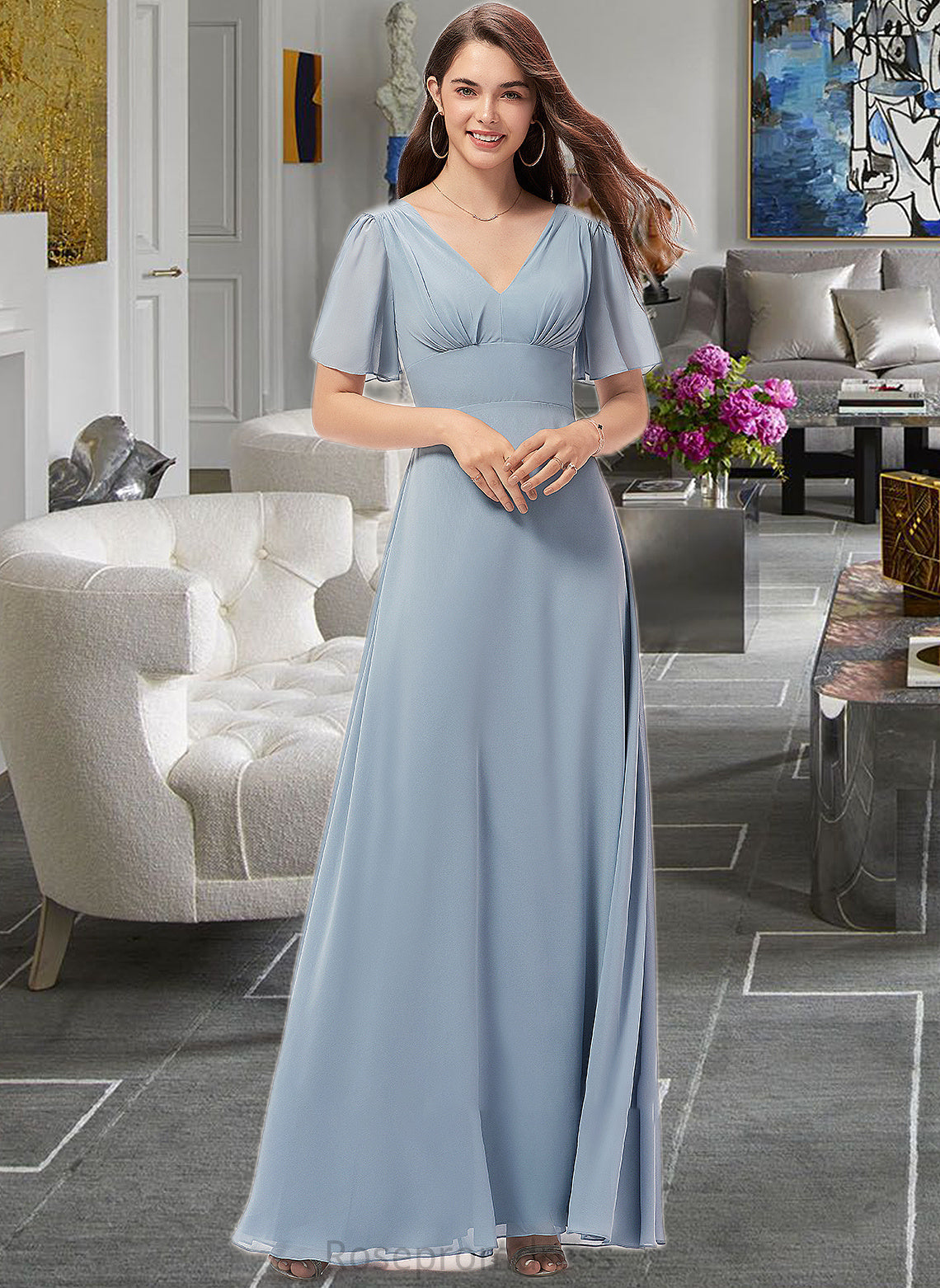 Lynn A-Line V-neck Floor-Length Chiffon Bridesmaid Dress SRSP0013099