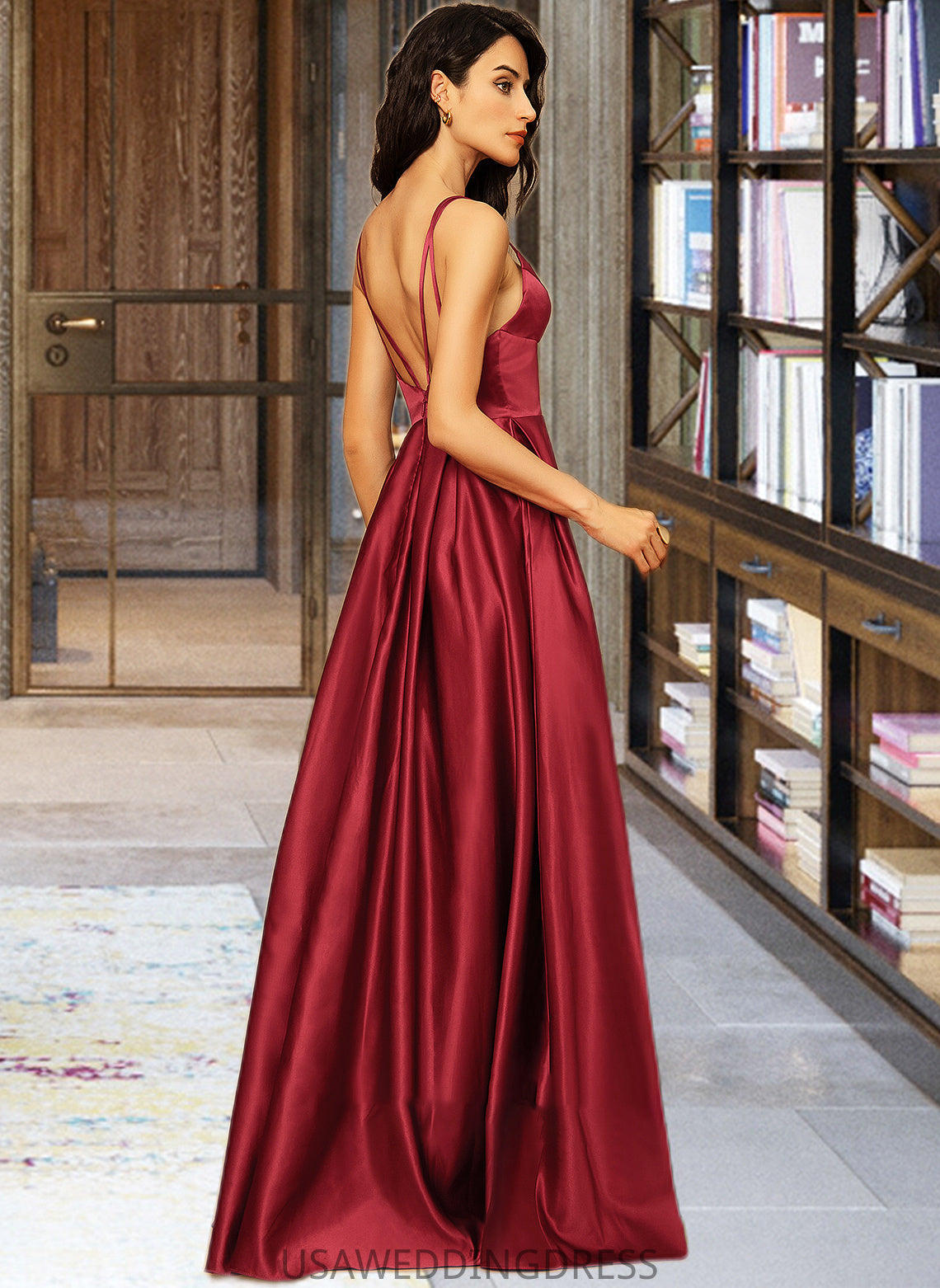 Deanna A-Line V-neck Floor-Length Satin Bridesmaid Dress With Split Front Pockets DSP0013100