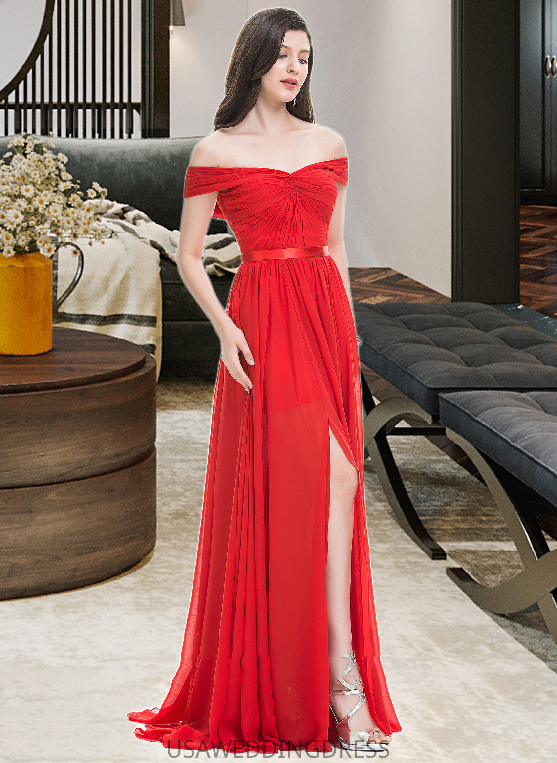 Alondra A-Line Off-the-Shoulder Sweep Train Chiffon Bridesmaid Dress With Ruffle Split Front DSP0013102