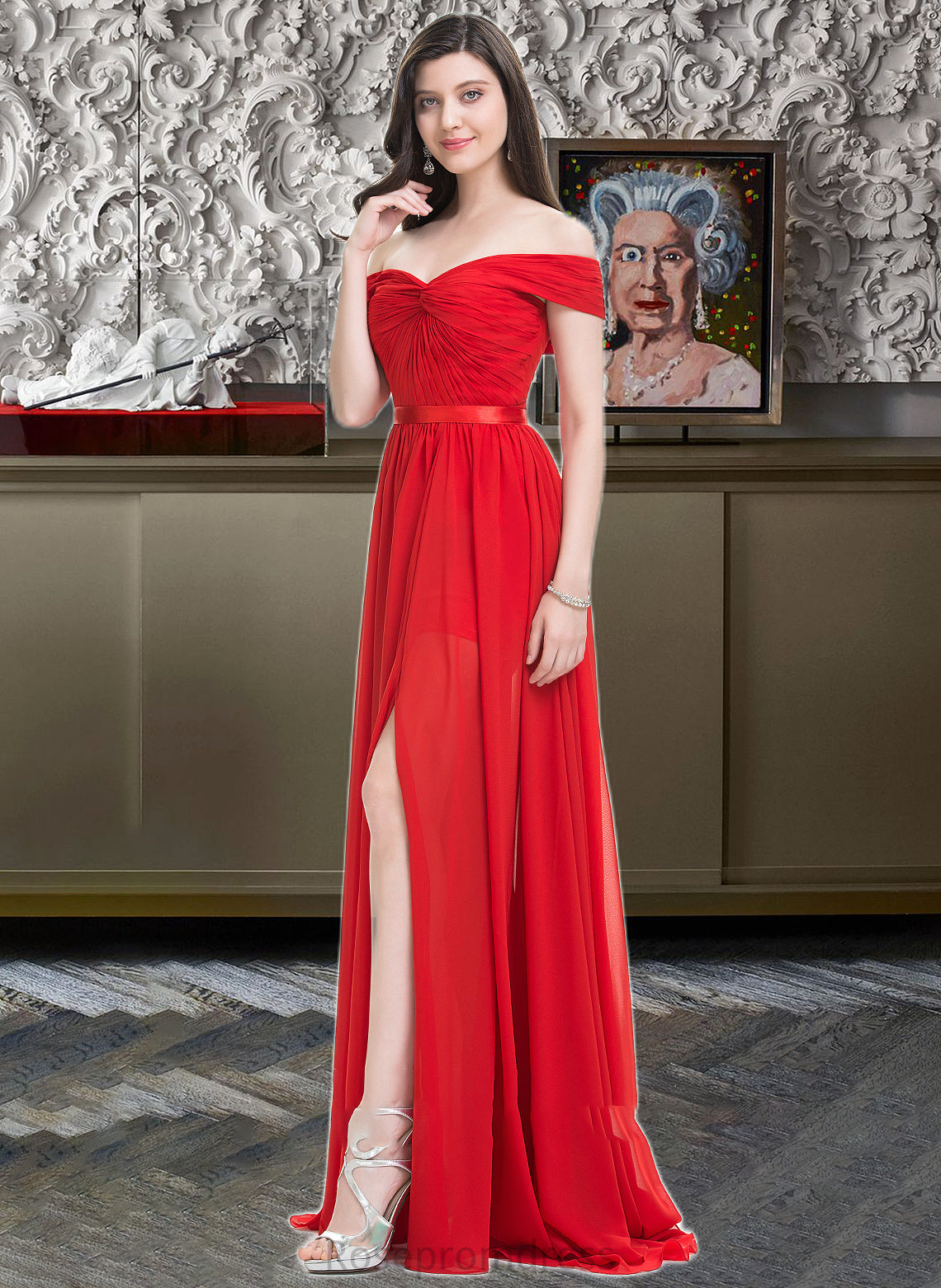 Alisa A-Line Off-the-Shoulder Sweep Train Chiffon Bridesmaid Dress With Ruffle Split Front SRSP0013102