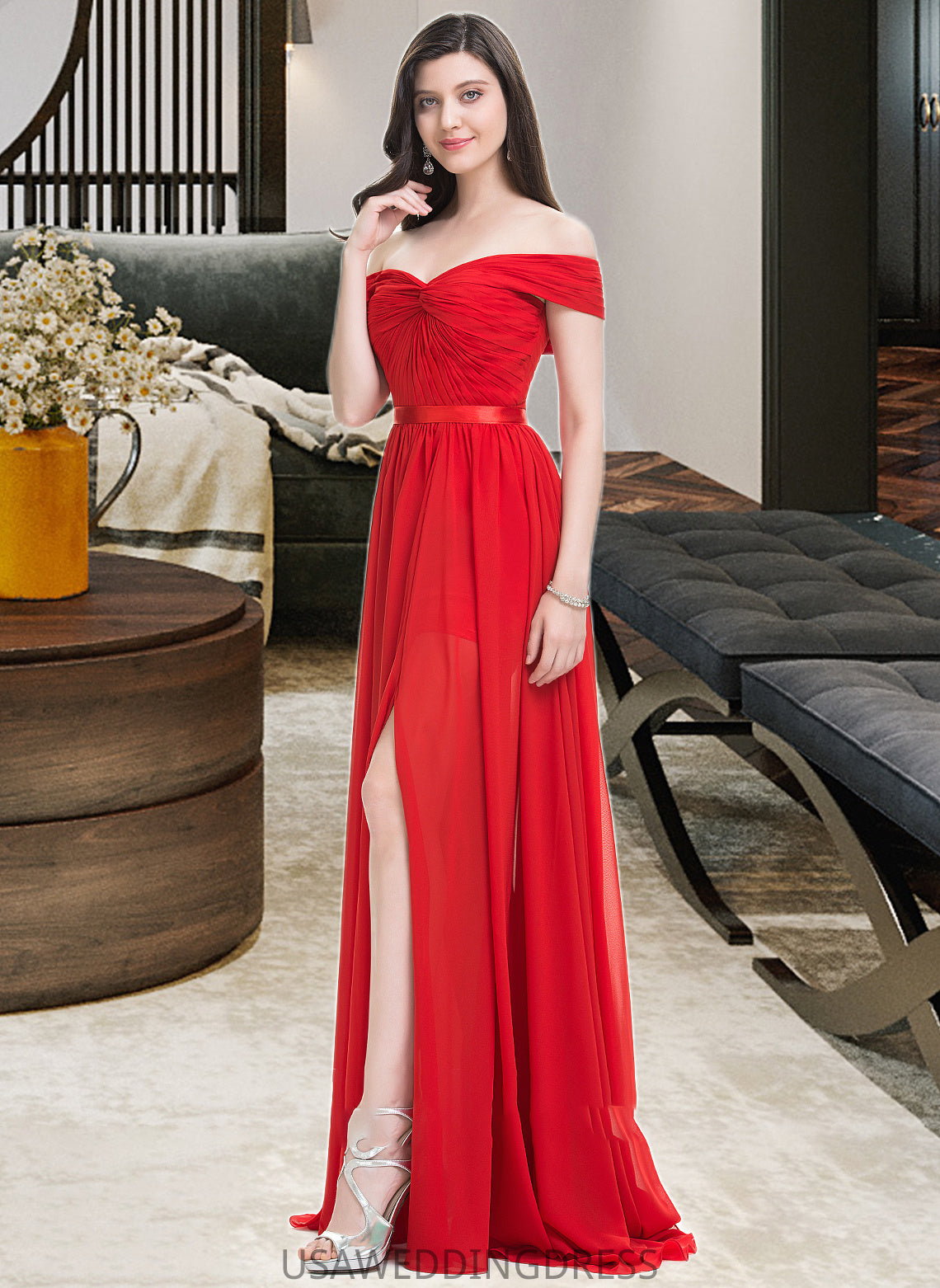 Alondra A-Line Off-the-Shoulder Sweep Train Chiffon Bridesmaid Dress With Ruffle Split Front DSP0013102