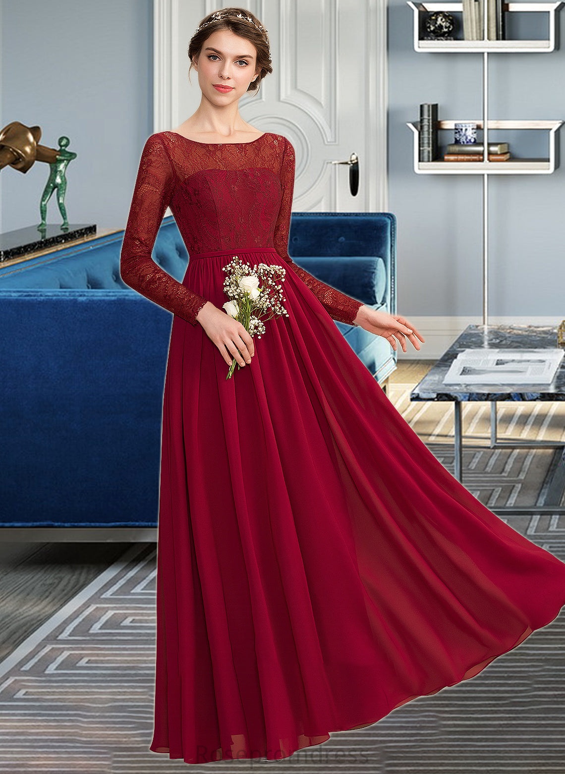 Lainey A-Line Scoop Neck Floor-Length Chiffon Lace Bridesmaid Dress SRSP0013103