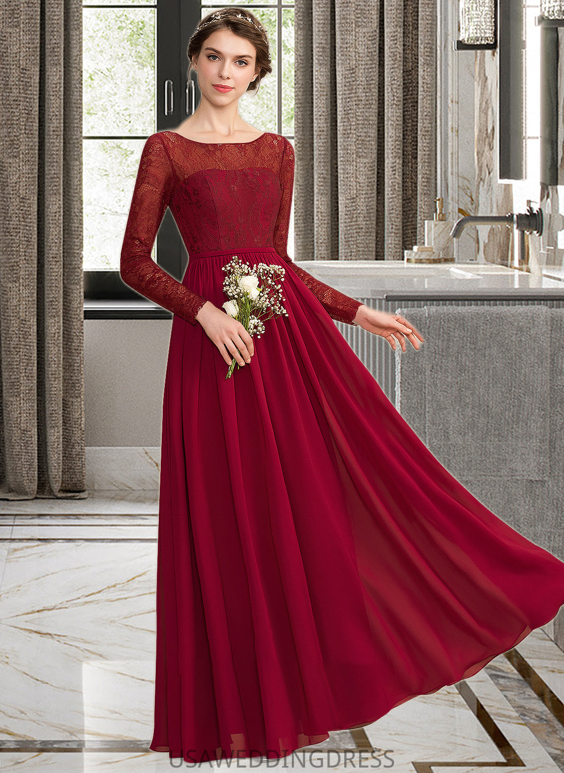 Mckayla A-Line Scoop Neck Floor-Length Chiffon Lace Bridesmaid Dress DSP0013103