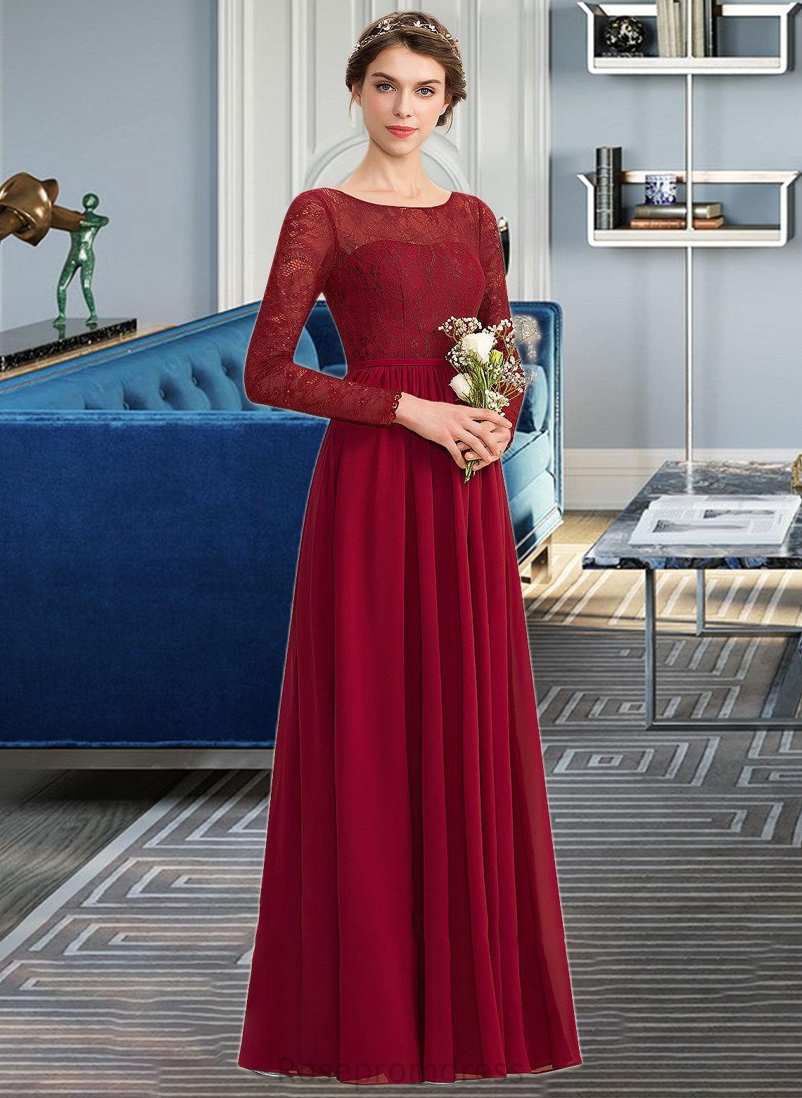 Lainey A-Line Scoop Neck Floor-Length Chiffon Lace Bridesmaid Dress SRSP0013103
