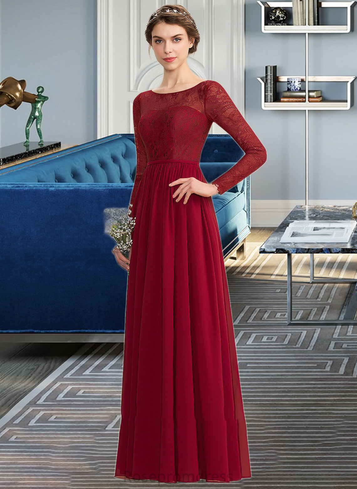 Lainey A-Line Scoop Neck Floor-Length Chiffon Lace Bridesmaid Dress SRSP0013103
