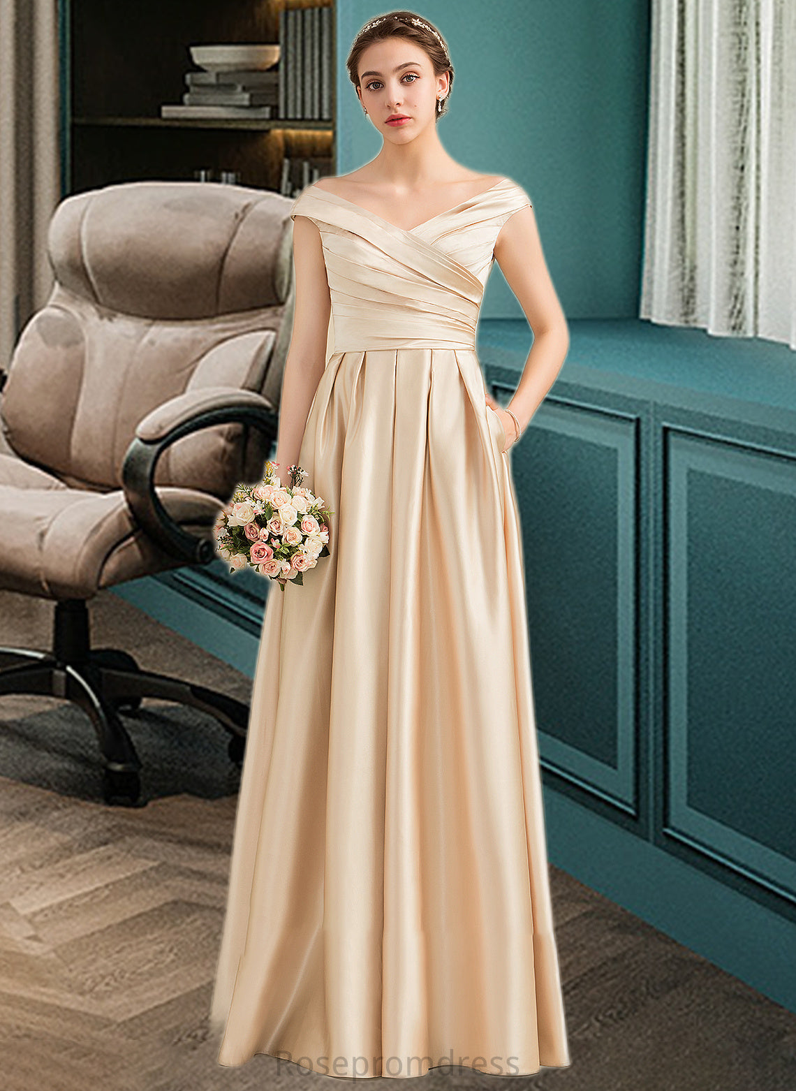 Coral A-Line Off-the-Shoulder Floor-Length Satin Bridesmaid Dress With Ruffle Pockets SRSP0013104