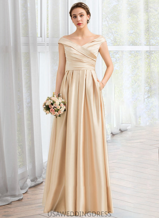 Heather A-Line Off-the-Shoulder Floor-Length Satin Bridesmaid Dress With Ruffle Pockets DSP0013104