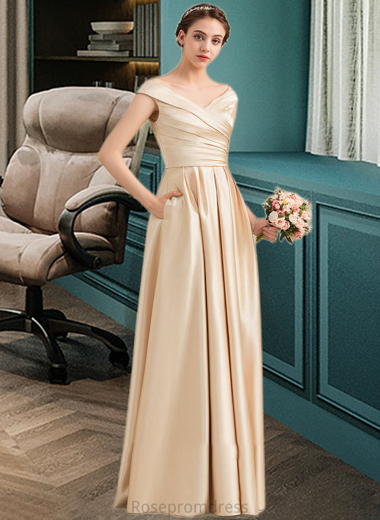 Coral A-Line Off-the-Shoulder Floor-Length Satin Bridesmaid Dress With Ruffle Pockets SRSP0013104