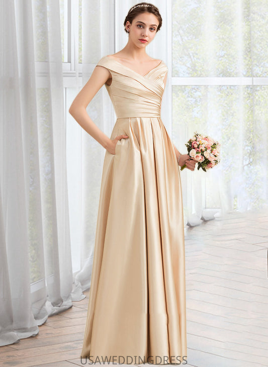Heather A-Line Off-the-Shoulder Floor-Length Satin Bridesmaid Dress With Ruffle Pockets DSP0013104