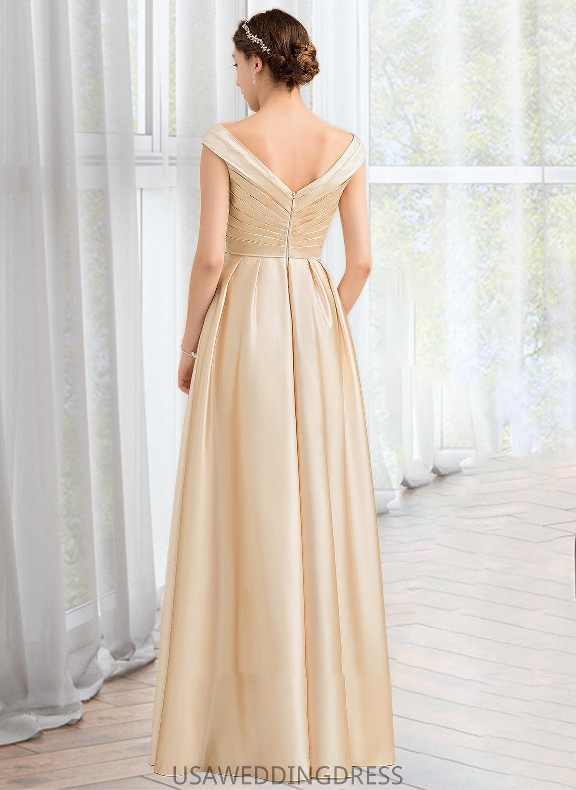 Heather A-Line Off-the-Shoulder Floor-Length Satin Bridesmaid Dress With Ruffle Pockets DSP0013104
