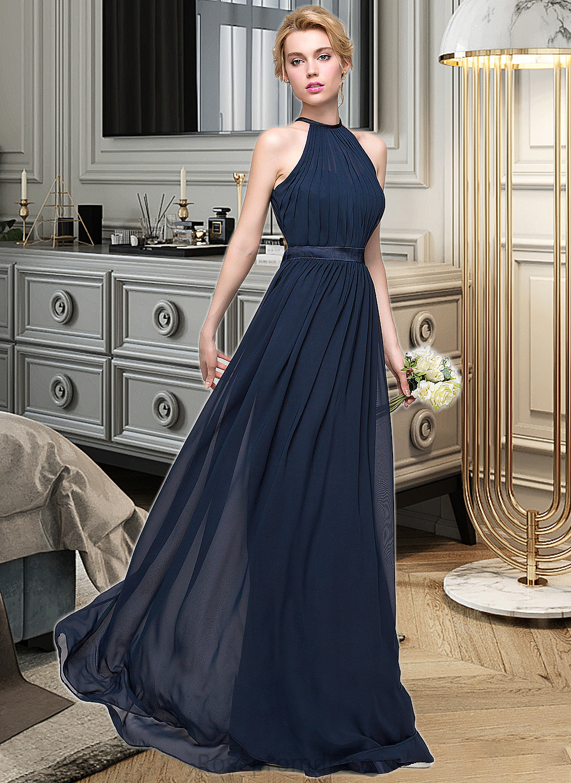 June A-Line/Princess Scoop Neck Floor-Length Chiffon Bridesmaid Dress With Ruffle SRSP0013105
