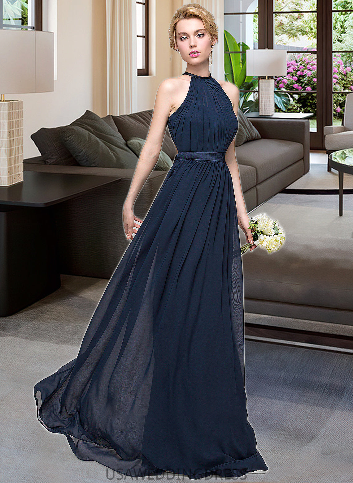 Cora A-Line/Princess Scoop Neck Floor-Length Chiffon Bridesmaid Dress With Ruffle DSP0013105