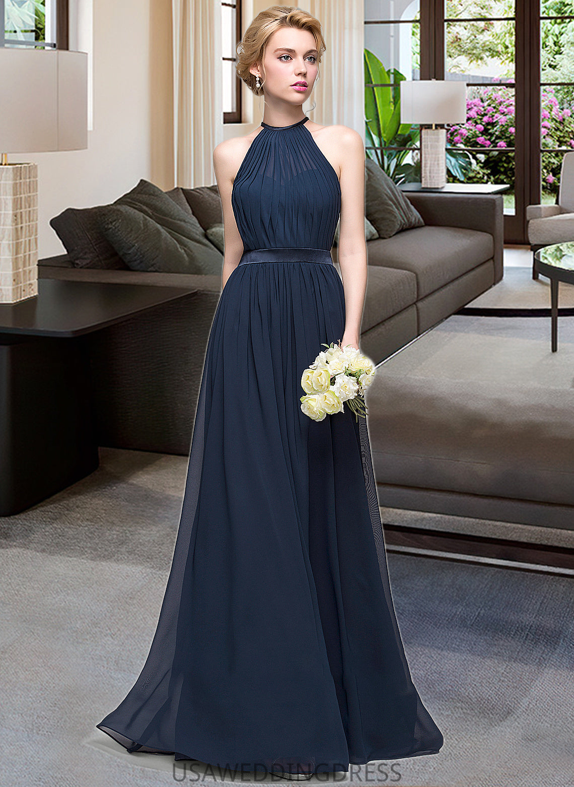 Cora A-Line/Princess Scoop Neck Floor-Length Chiffon Bridesmaid Dress With Ruffle DSP0013105