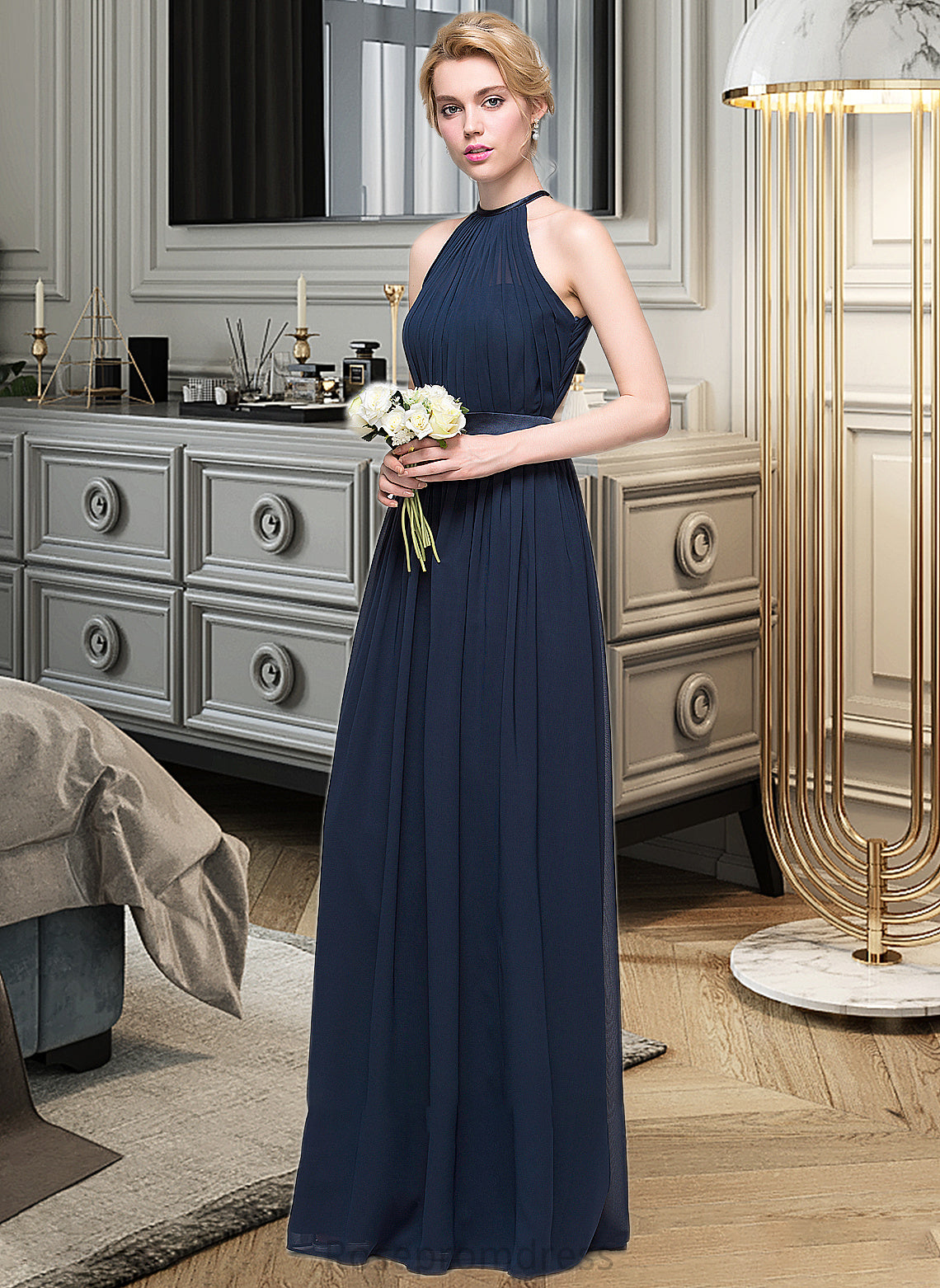 June A-Line/Princess Scoop Neck Floor-Length Chiffon Bridesmaid Dress With Ruffle SRSP0013105