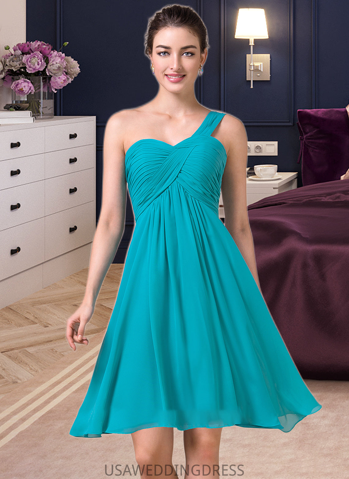 Ellie Empire One-Shoulder Knee-Length Chiffon Bridesmaid Dress With Ruffle DSP0013106