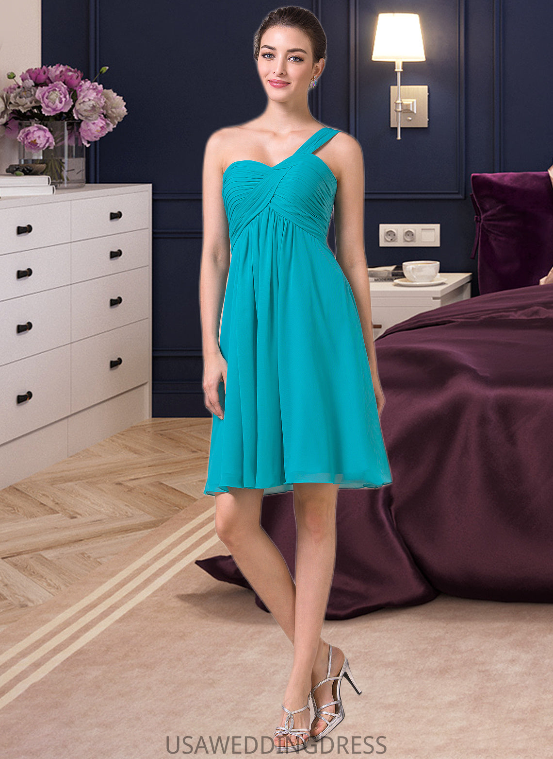 Ellie Empire One-Shoulder Knee-Length Chiffon Bridesmaid Dress With Ruffle DSP0013106