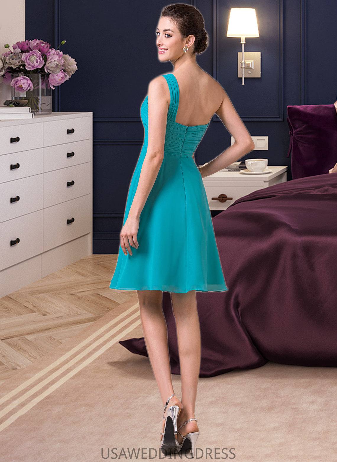Ellie Empire One-Shoulder Knee-Length Chiffon Bridesmaid Dress With Ruffle DSP0013106