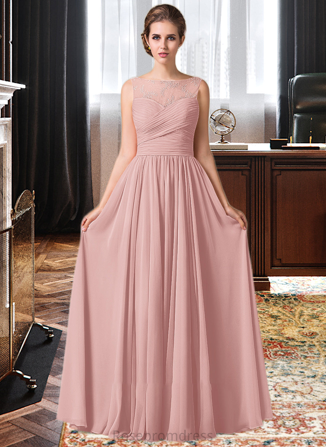Marisa Chiffon Lace A-Line Floor-length Bridesmaid Dress SRSP0013107