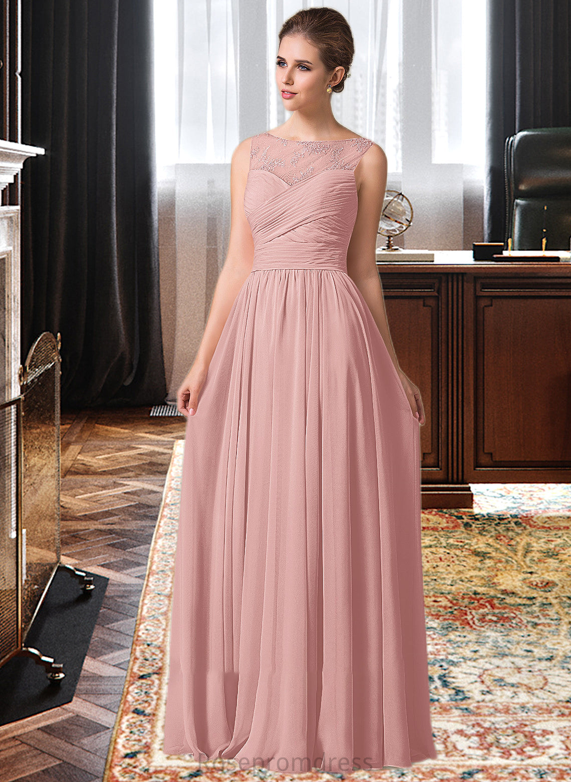 Marisa Chiffon Lace A-Line Floor-length Bridesmaid Dress SRSP0013107