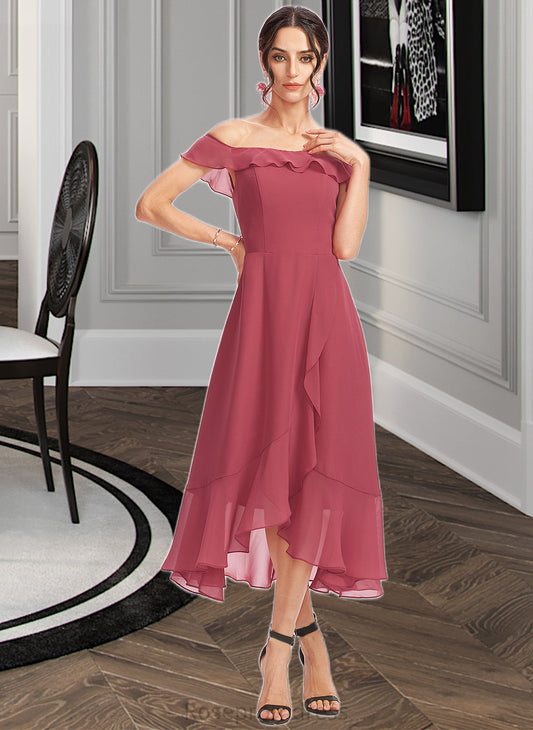 Naomi A-Line Off-the-Shoulder Tea-Length Bridesmaid Dress With Cascading Ruffles SRSP0013110