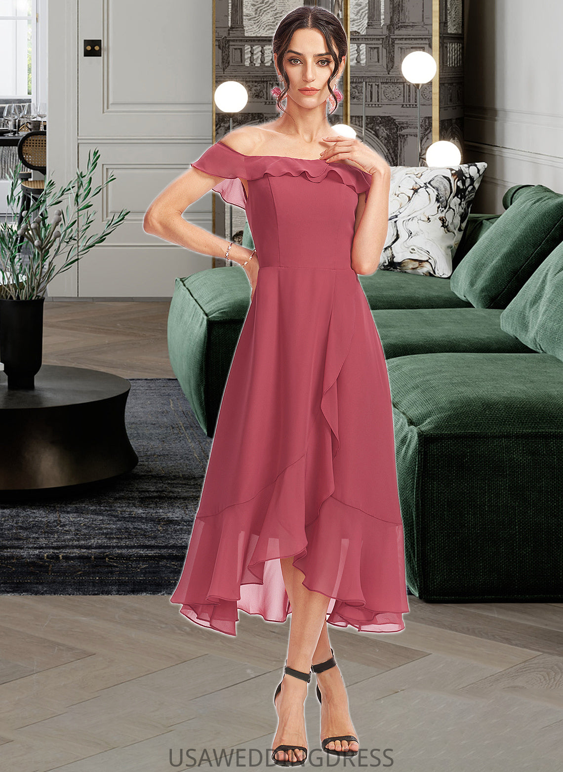 Cecelia A-Line Off-the-Shoulder Tea-Length Bridesmaid Dress With Cascading Ruffles DSP0013110