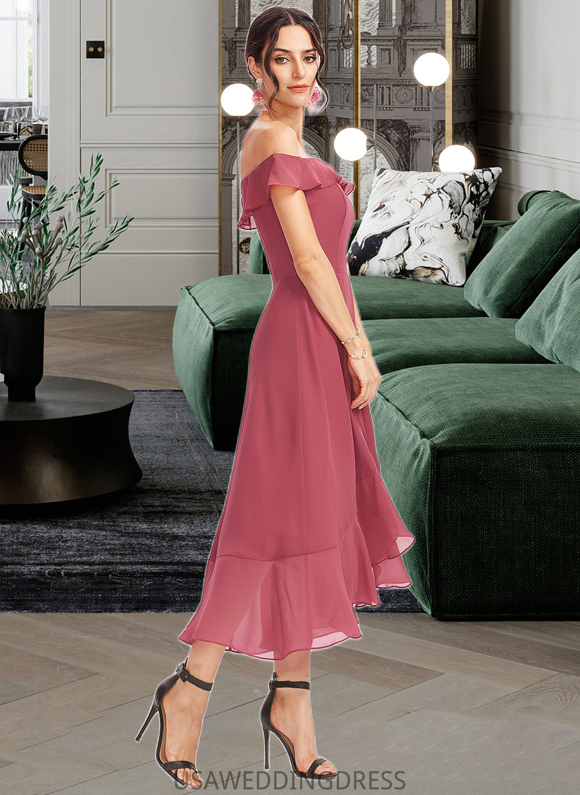 Cecelia A-Line Off-the-Shoulder Tea-Length Bridesmaid Dress With Cascading Ruffles DSP0013110