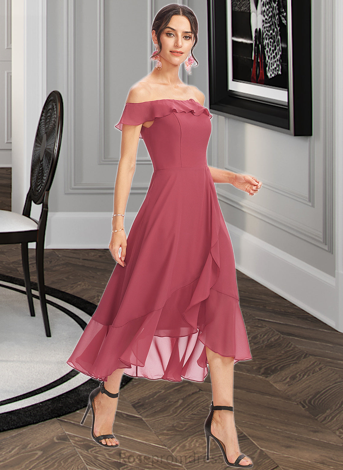 Naomi A-Line Off-the-Shoulder Tea-Length Bridesmaid Dress With Cascading Ruffles SRSP0013110