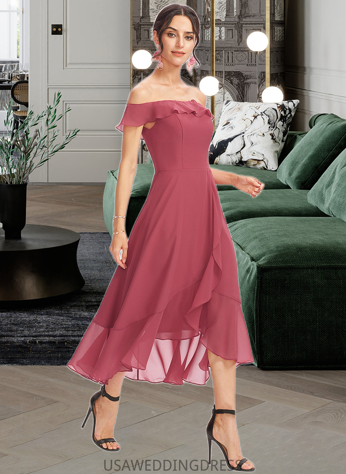 Cecelia A-Line Off-the-Shoulder Tea-Length Bridesmaid Dress With Cascading Ruffles DSP0013110