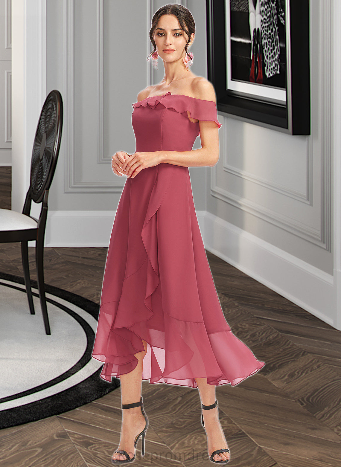 Naomi A-Line Off-the-Shoulder Tea-Length Bridesmaid Dress With Cascading Ruffles SRSP0013110