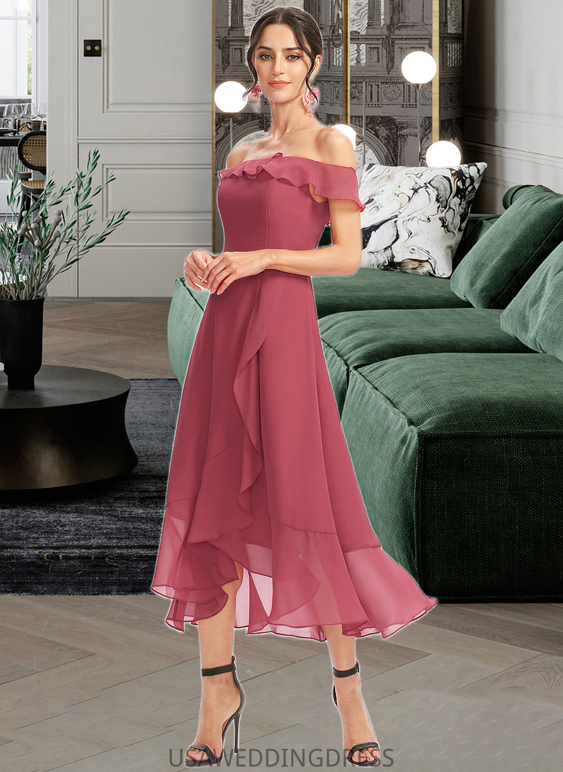 Cecelia A-Line Off-the-Shoulder Tea-Length Bridesmaid Dress With Cascading Ruffles DSP0013110