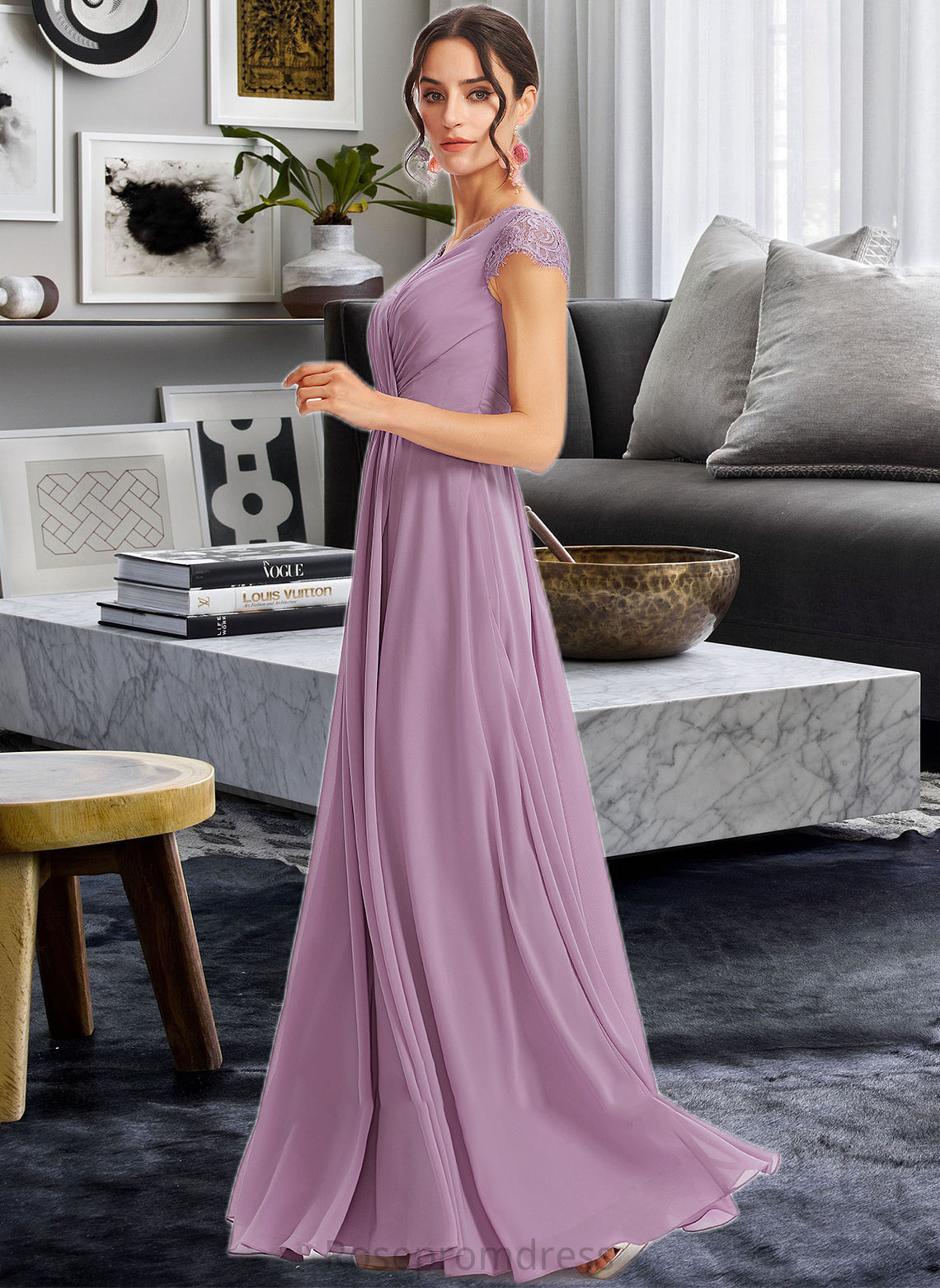 Rebecca A-Line V-neck Floor-Length Bridesmaid Dress With Lace SRSP0013111