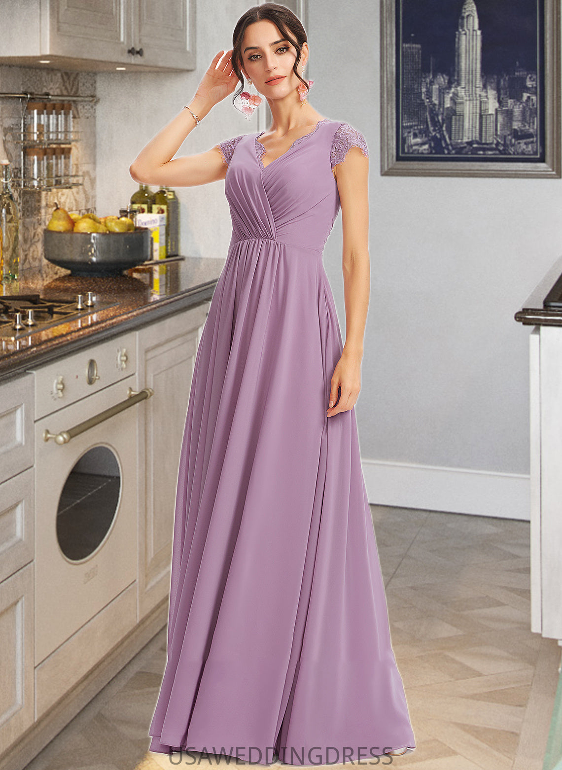 Rebekah A-Line V-neck Floor-Length Bridesmaid Dress With Lace DSP0013111